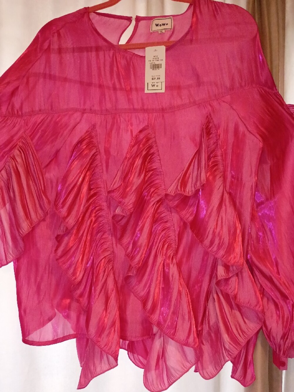 WoWo Ruffled Sheer Blouse in Bright Pink